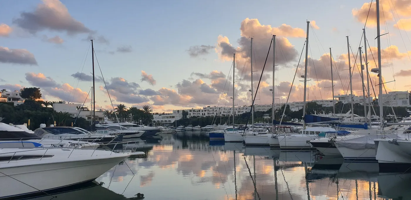 Boats moored at the Cala d'Or marina with waterfront restaurants