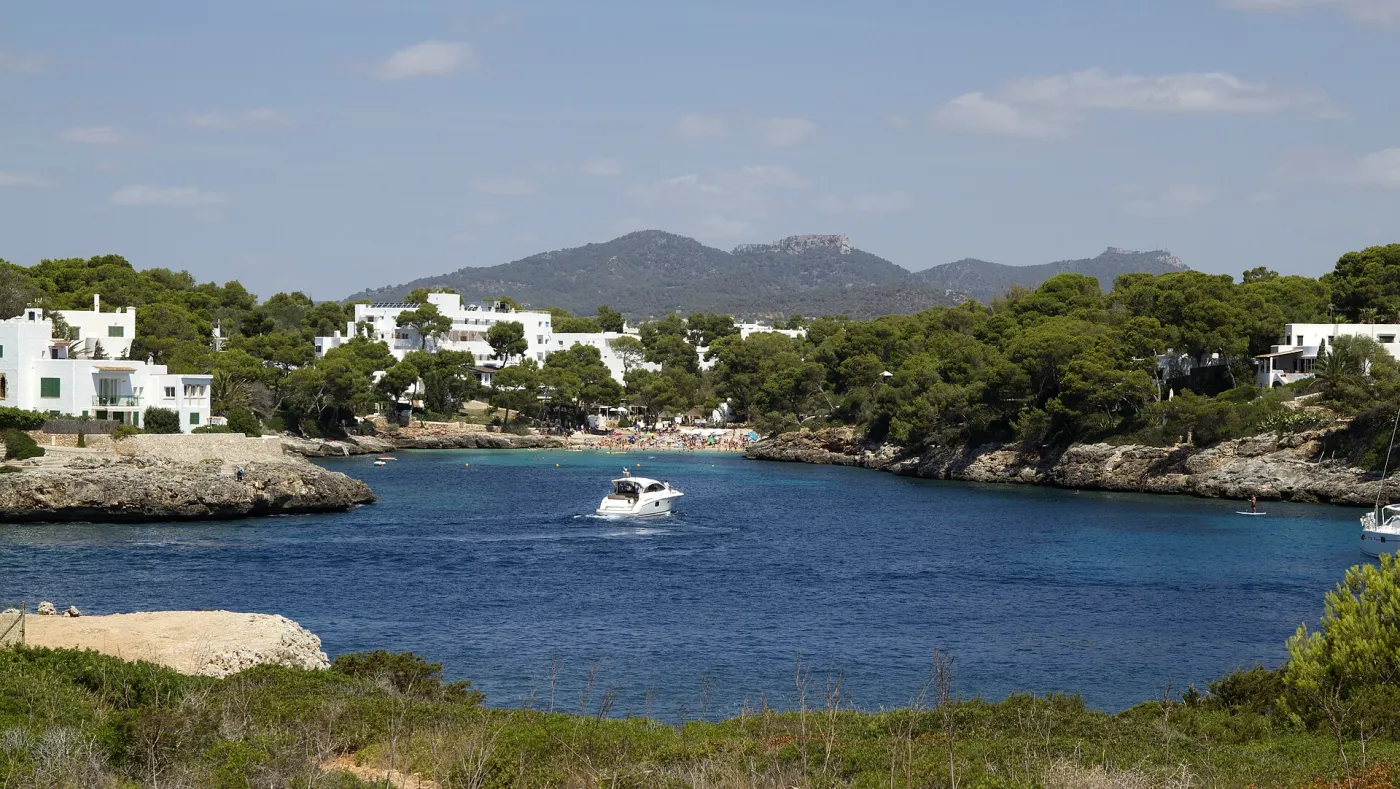 Aerial view of Cala d'Or coastline and turquoise waters on a sunny day